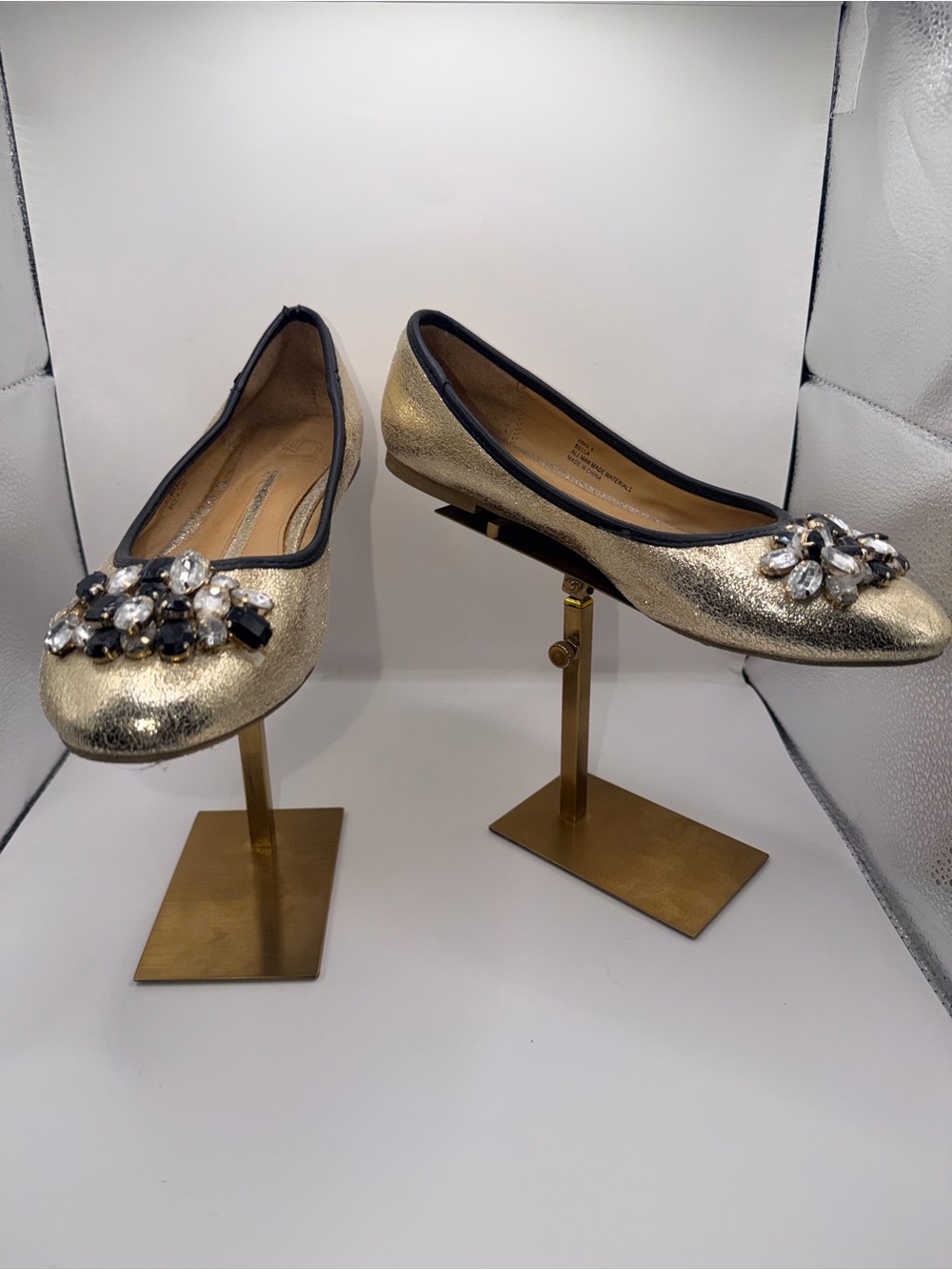 J. Crew Gold Jeweled Ballet Flats with Black Trim